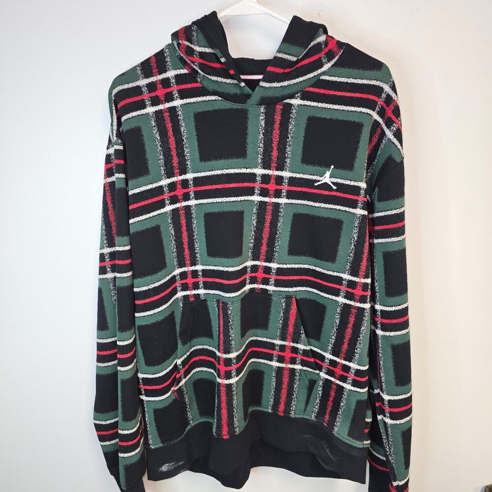 Jordan Essentials Men’s Plaid Holiday Fleece Pullover Hoodie FV7458-010 Sz L
